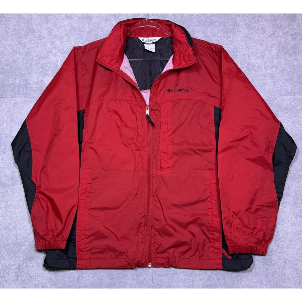 Columbia Mens L Rain Jacket Red Black Hooded Packable Windbreaker Outdoor Hiking